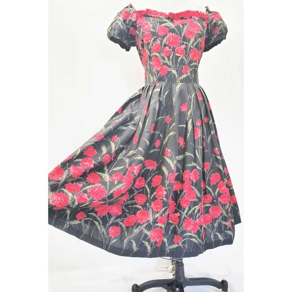 Vintage 1950s Womens Fit & Flare Red FLoral Black Cotton Pinup Party Dress - Picture 4 of 10